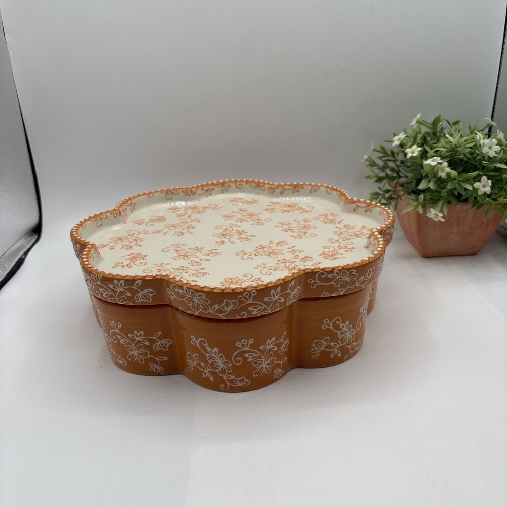 Temp-tations Orange Floral Lace Scalloped 1.5 Qt Quiche 2 Pc Baker Dish Preowned